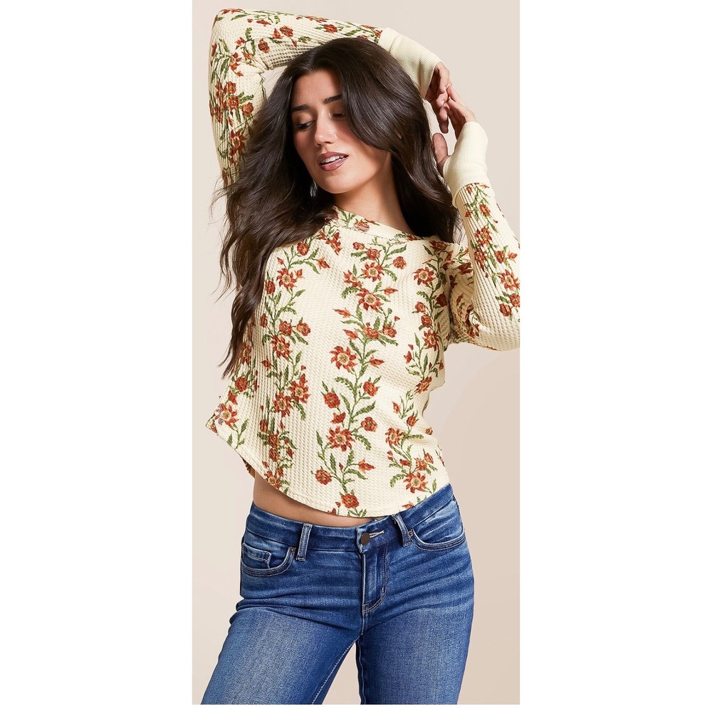 Free People We The Free Folk Vine‎ Thermal Top Ivory Floral XS